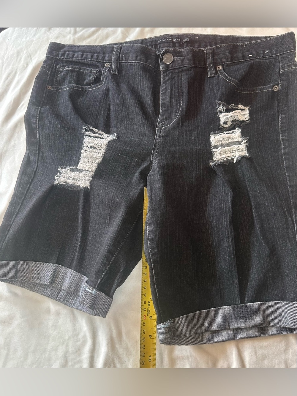Calvin Klein Black Distressed Rolled Hem Jean Shorts - Picture 3 of 5